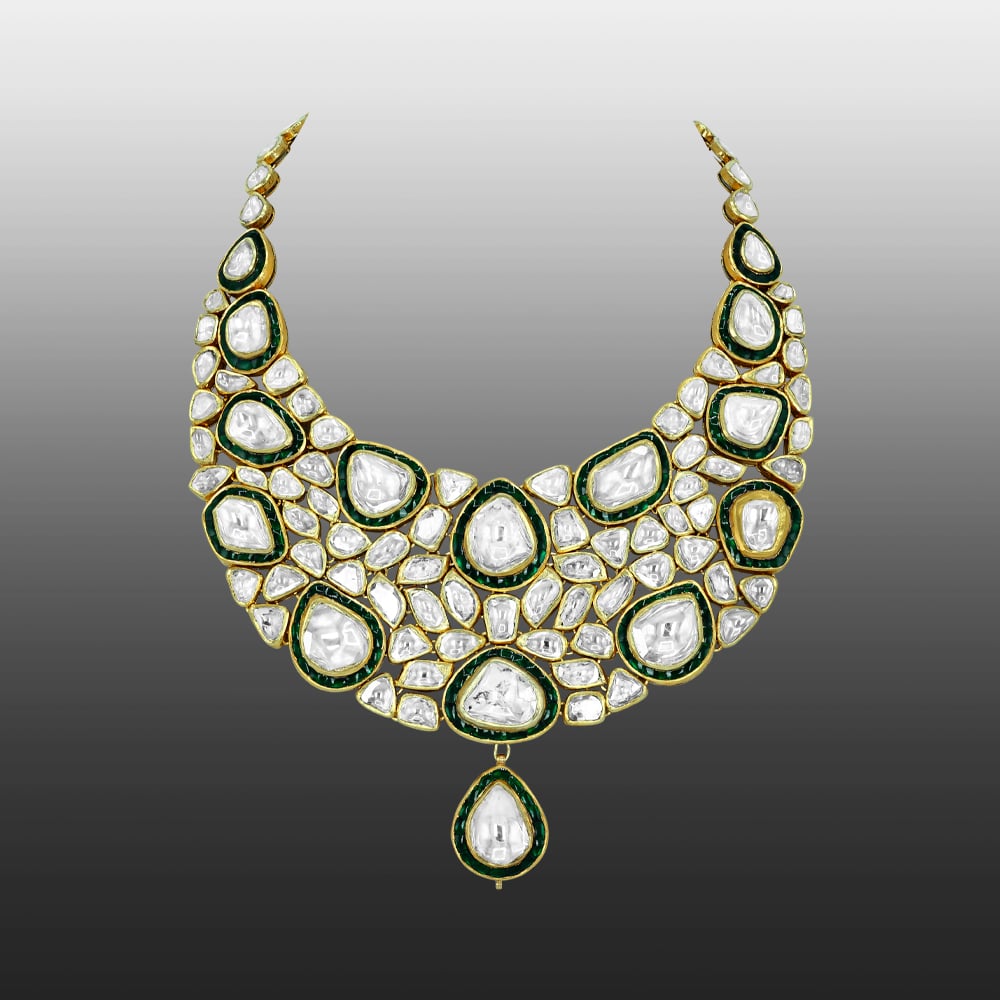Polki Necklace with Green Chuddi Work and Teardrop Pendant